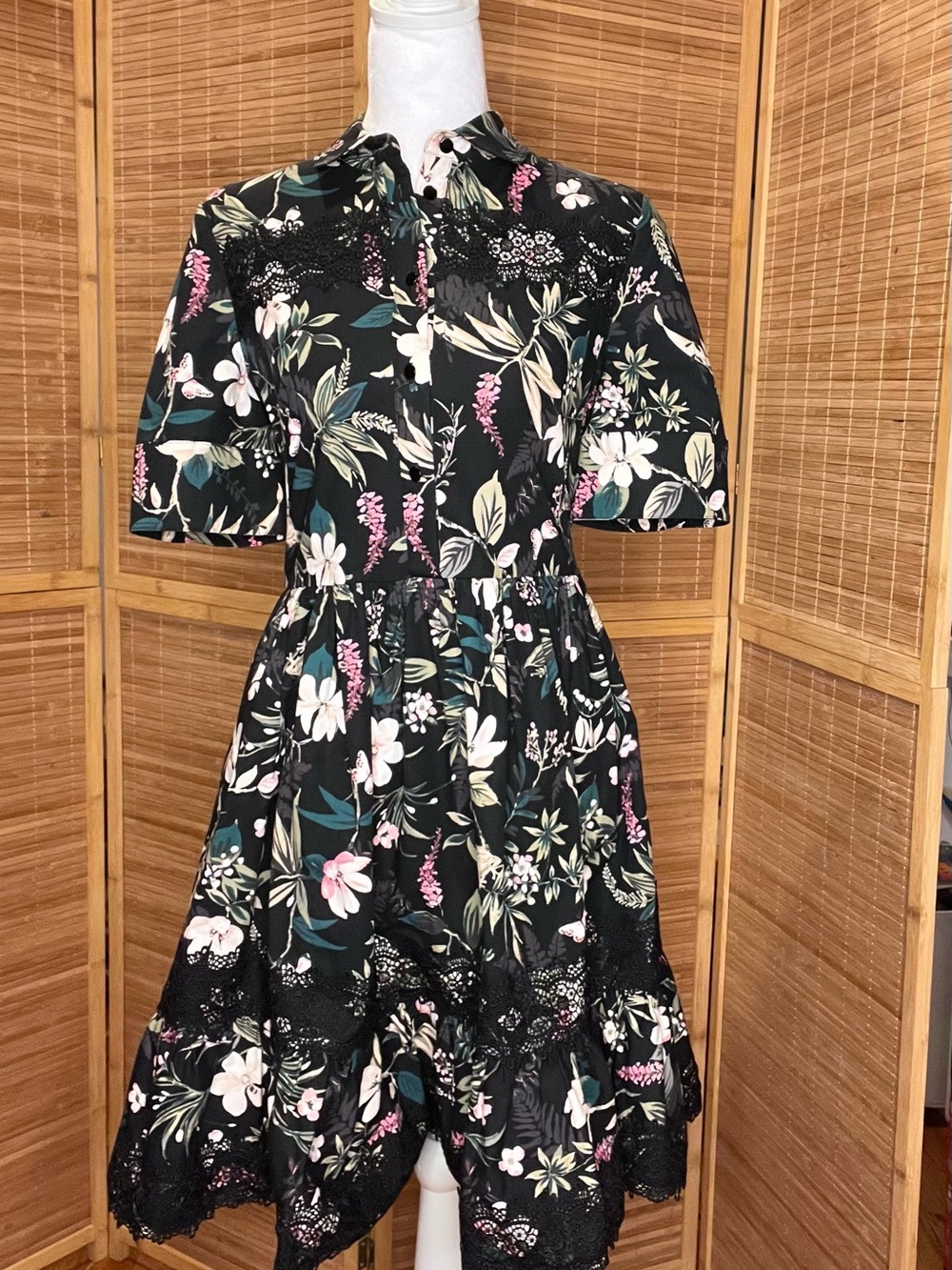 kate spade Black Floral Short-Sleeve Fit & Flare Dress with lace hem and lapels